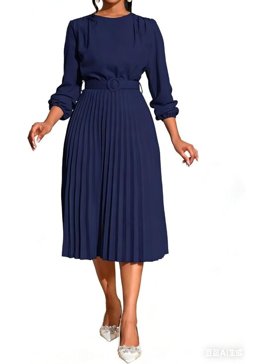 Dresses & Skirts - 🆕Women's Navy Blue Pleated Midi Dress Long Sleeve Semi Formal Dress Casual